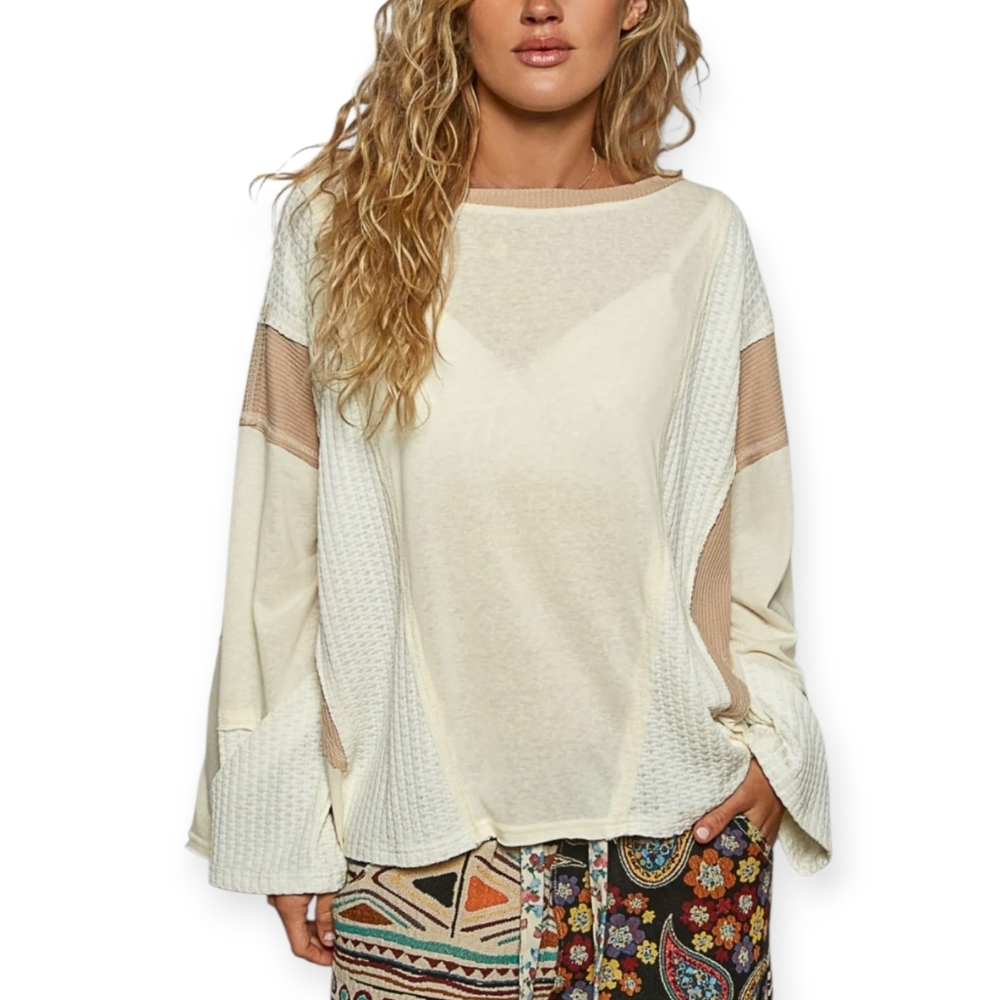 003.POL Bohemian Oversied Textured Patchwork Neutral Top